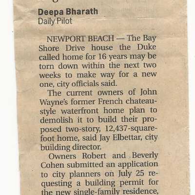 John Wayne Home Daily Pilot Newspaper Clippings