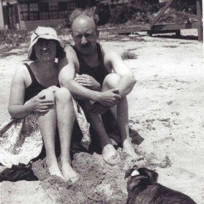 Teenie Dietz and Pete Dietz sitting on the Beach at the End of Onyx Avenue.