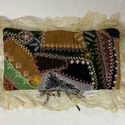 Crazy Patch Pillow with Lace Edge