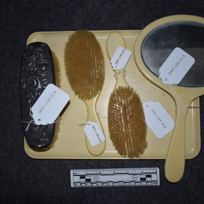 Vanity Set with tray, mirror, and brushes