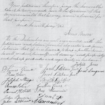 James Benson applies for a tavern license to be built on the Conestoga Road near the Lightfoot Mill.