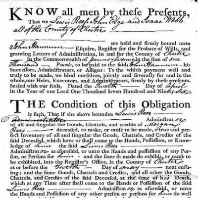 Lewis Rees is Executor for his brother's will, Morgan Rees, Chester County, 1796.