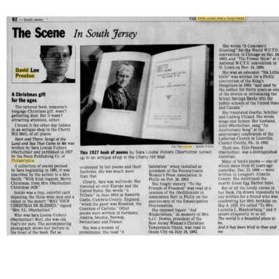 David Lee Preston Article: Sara Louisa Vickers Oberholtzer, Philadelphia Inquirer