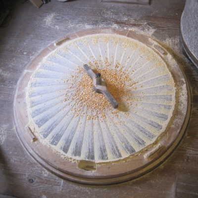 Bed stone: Running stone removed to show ground corn as it progresses from center to edge of stones.
