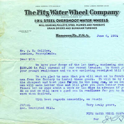 Letter of June 6, 1922: Thanking Mr. Collins for his prompt payment and his request to have a Fitz expert to do the installation.