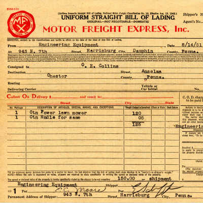 Engineering Equipment Co. Freight Bill