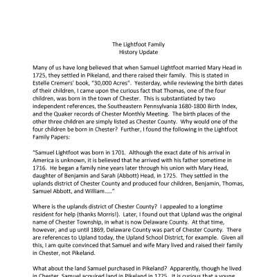 Lightfoot Family -- History Update