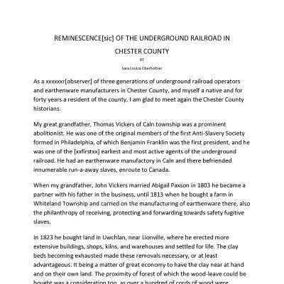 Reminiscence of The Underground Railroad