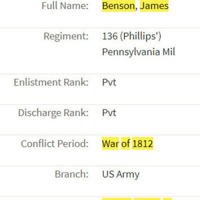 James Benson (III) serves in the Pennsylvania Militia during the War of 1812.
