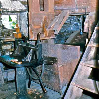 Bin, elevator, miter cutter