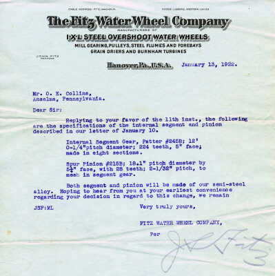 Third Letter: January13, 1922 reply to Mr. Collins request for the specifications and asking him to make his decision in regard to the change.