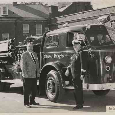 Mayor Wilson G. Stapleton and Fire Chief Merle Hand with Shaker Heights Fire Engine No. 2, 1959