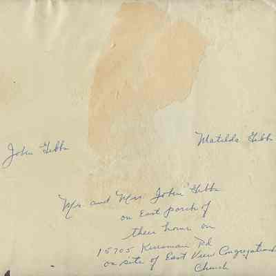 John Gibbs / Matilda Gibbs / Mr. and Mrs. John Gibbs on East porch of their home on 15705 Kinsman Rd on site of East View Congregational Church