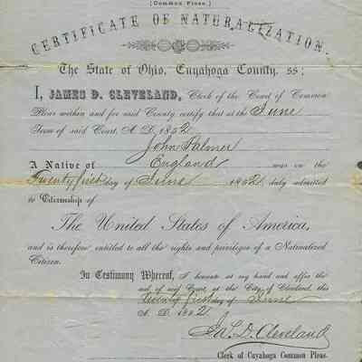 John Palmer Certificate of Naturalization, 1852 (Scrapbook Excerpt)