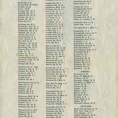 Back of map (rotated left) with a list of streets and churches