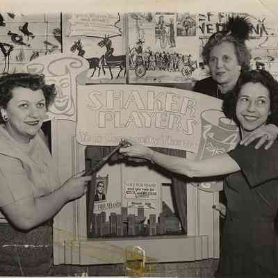 Beatrice Hertzmark, Betty Blackmore, and Shirley Johnson with Shaker Players Diorama, 1949