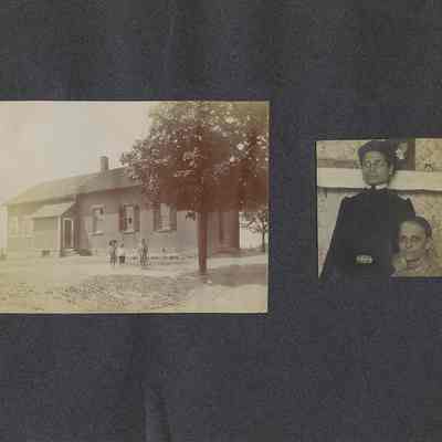 Verso - Hornet's Nest School, two unidentified women, one standing (most likely Phoebe Litzel) on the left and one seated (most likely Louisa Litzel) on the right