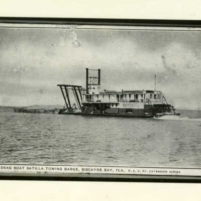 Snag Boat Satilla Towing Barge, Biscayne Bay, Fla.