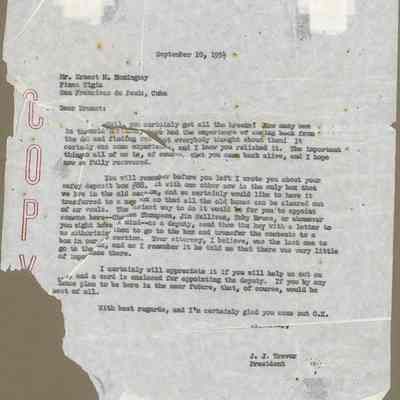 The Florida National Bank at Key West Letter to Hemingway