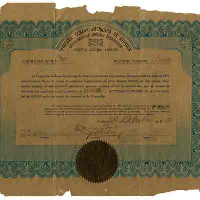 Stock Certificate Compania Cubana-Americana de Aviacion