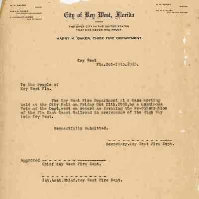 Fire Department Vote in Favor of Re-Constructing Florida East Coast Railroad: © Key West Art & Historical Society