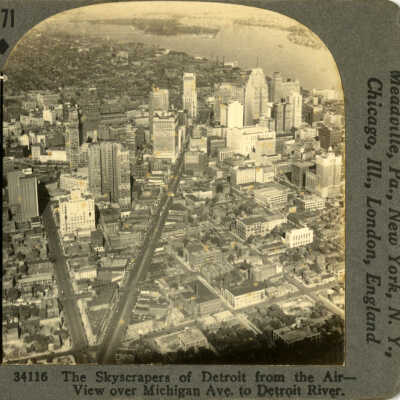 The Skyscrapers of Detroit from the Air - View over Michigan Ave to Detroit River