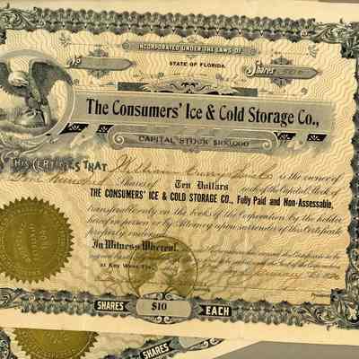 The Consumers' Ice & Cold Storage Co. Stock Certificates
