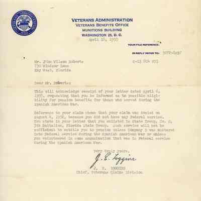 Veterans Benefits Office Letter to John Wilson Roberts