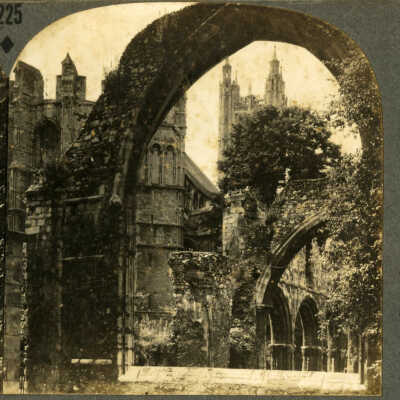 The Central Tour of Canterbury Cathedral seen through Arch of the Ruins, Canterbury, England
