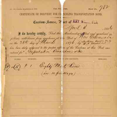 Certificate of Delivery For Canceling Transportation Bond and Customs Import Receipt