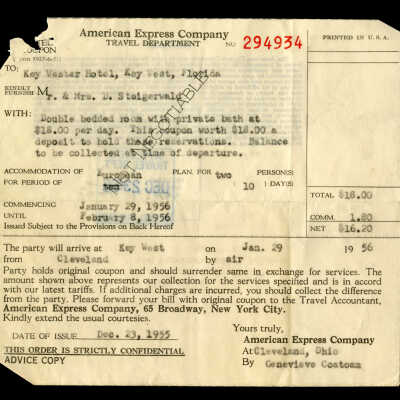 Key Wester Hotel Deposit Receipt