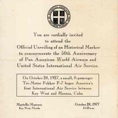 Pan American World Airways Historical Marker Unveiling Invitation
