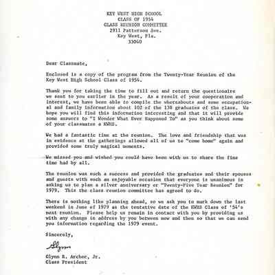 Letter from the Key West High School Class of 1954 Class Reunion Committee