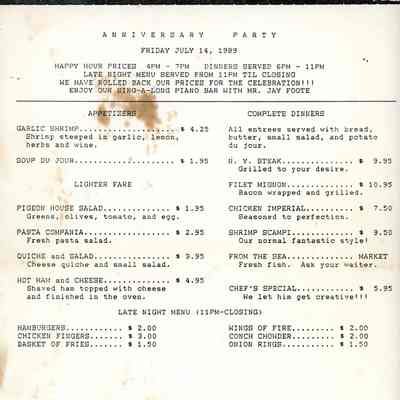 Pigeon House Patio Anniversary Party Menu: © Key West Art & Historical Society