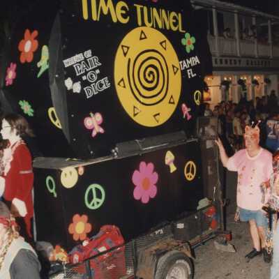 A float in the parade that reads Austin Powers time tunnel.