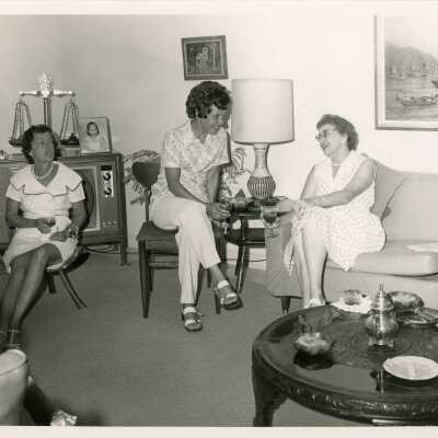 Unknown woman talking at a get together in a living room.