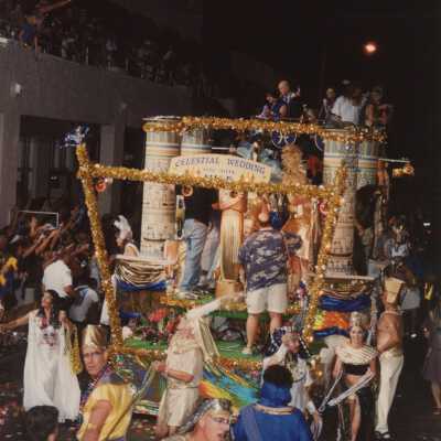 A float in the parade that reads Celestial Wedding on the Nile.