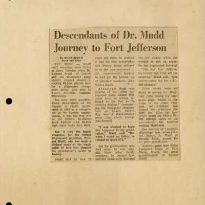 Newspaper Clipping of Dr. Mudd Family at Fort Jefferson: Copyright: @ Key West Art & Historical Society; Origformat: Artifact
