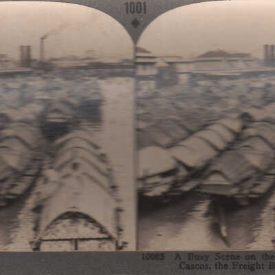 Stereoview of freight boats in the Philippines