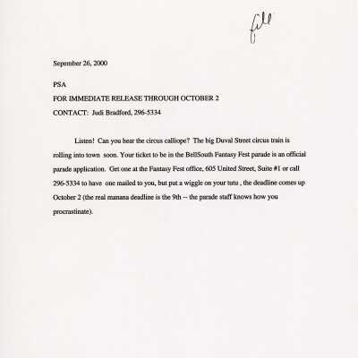 Public Service Announcement about the up coming parade.