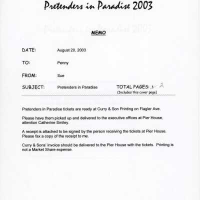 A fax to Penny from Sue regarding the pretenders in paradise tickets being