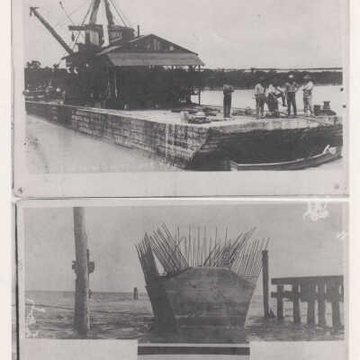 Two images - Dredge barge at Sugar Loaf Key and the base of a pier