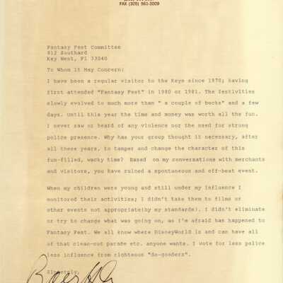 A letter to the Fantasy Fest committee from Barry Holeve.