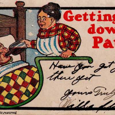 Cartoon of a woman giving a drink from a medicine bottle