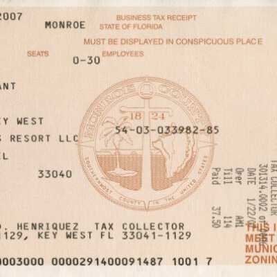 Business Tax Receipt Atlantic Shores: Copyright: @ Key West Art & Historical Society; Origformat: Print-Photographic