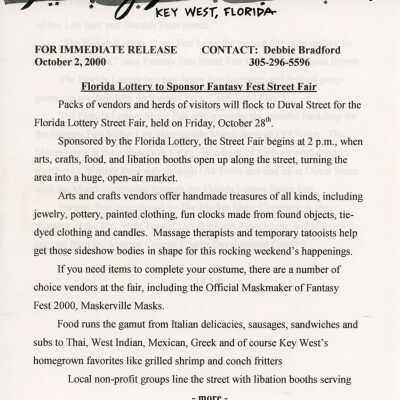Press release about the Florida lottery being a Fantasy Fest sponsor.