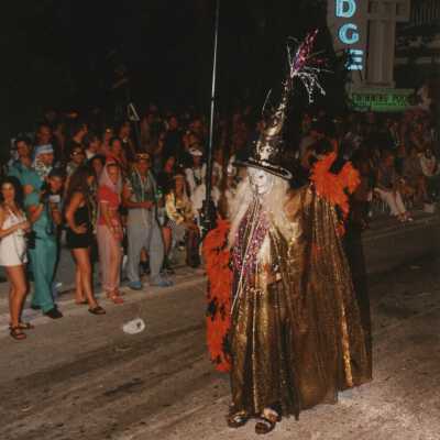 Unknown people dressed up walking in the street for the parade.