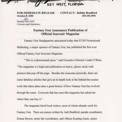 Press release announcing publication of the Fantasy fest souvenir magazine.