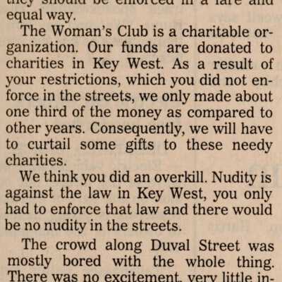 An article in the Key West Citizen about Fantasy Fest that reads Lucas: Woman's Club cheated by restrictions on 1993 event.