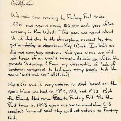 A letter to the Fantasy Fest committee from William H. Bruner.